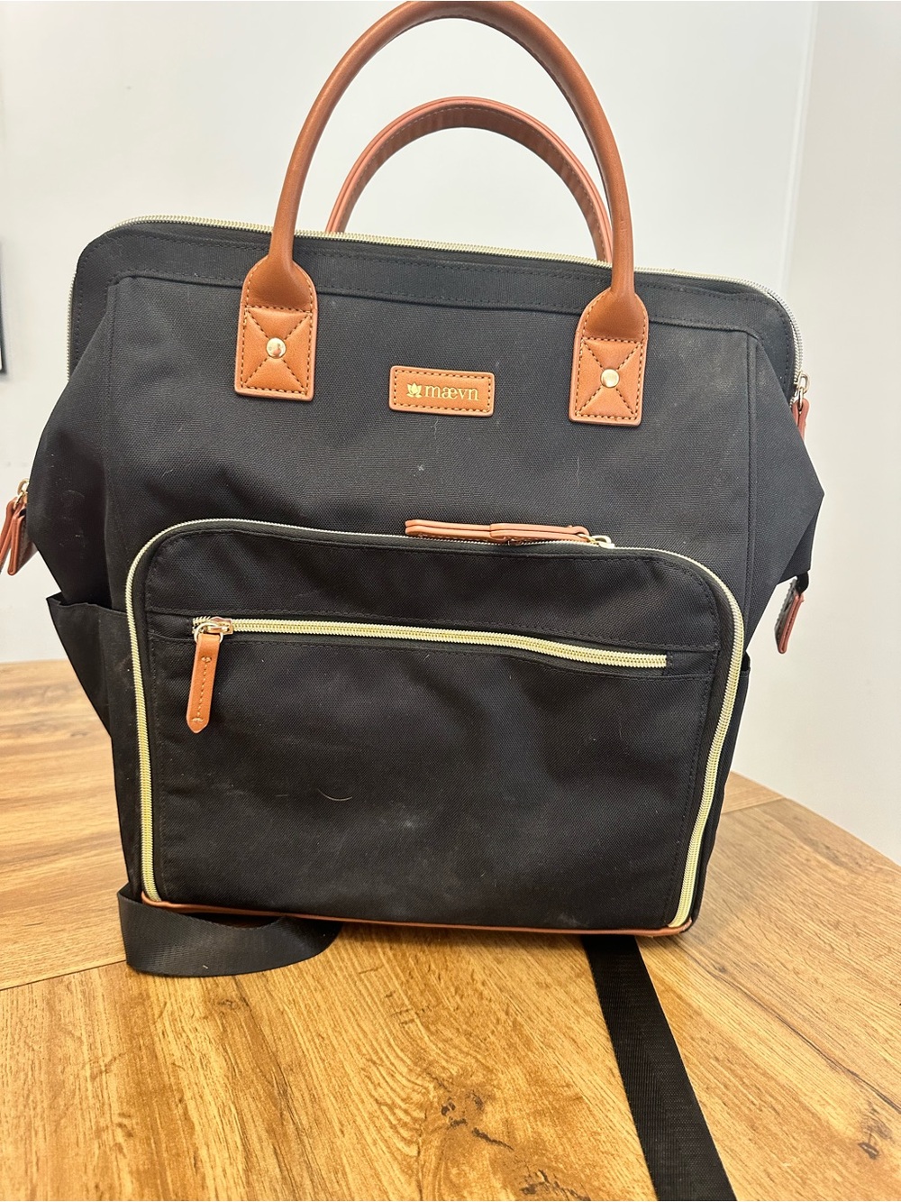 Maevn Black Canvas Baby Bag with Tan Leather Trim